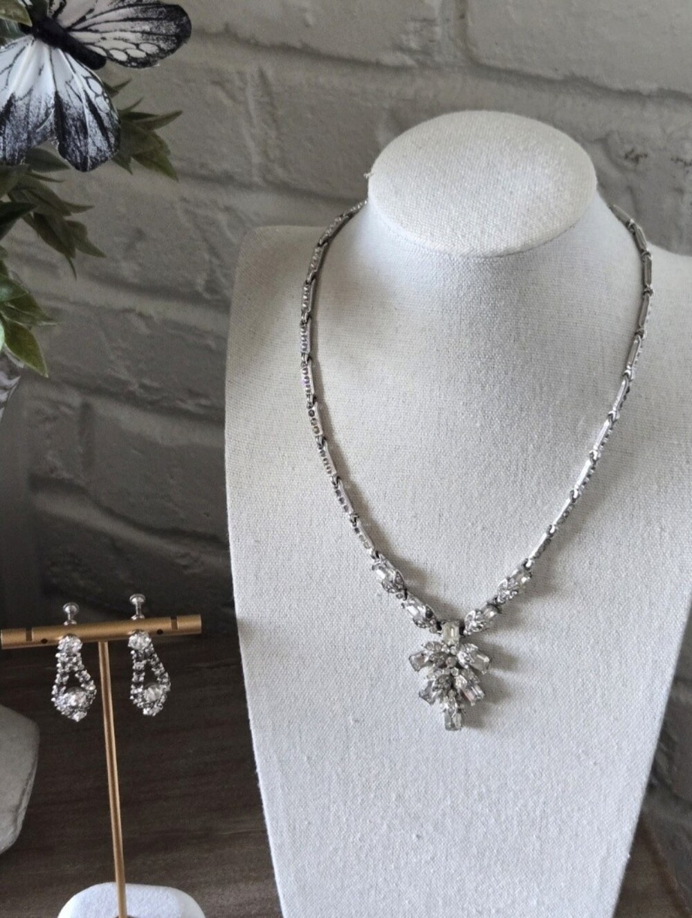 Vtg 1940s Matching Necklace & Earring Set, Rhinestone, Art Deco, Formal, Wedding